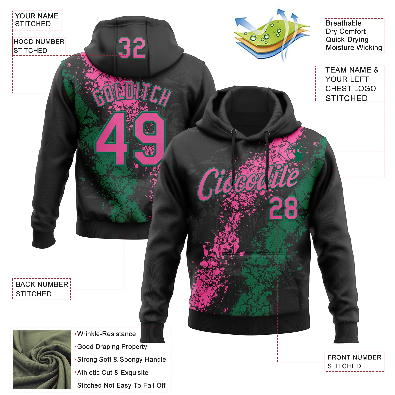 Custom Stitched Black Pink-Kelly Green Splash Sports Pullover Sweatshirt Hoodie - Image 4