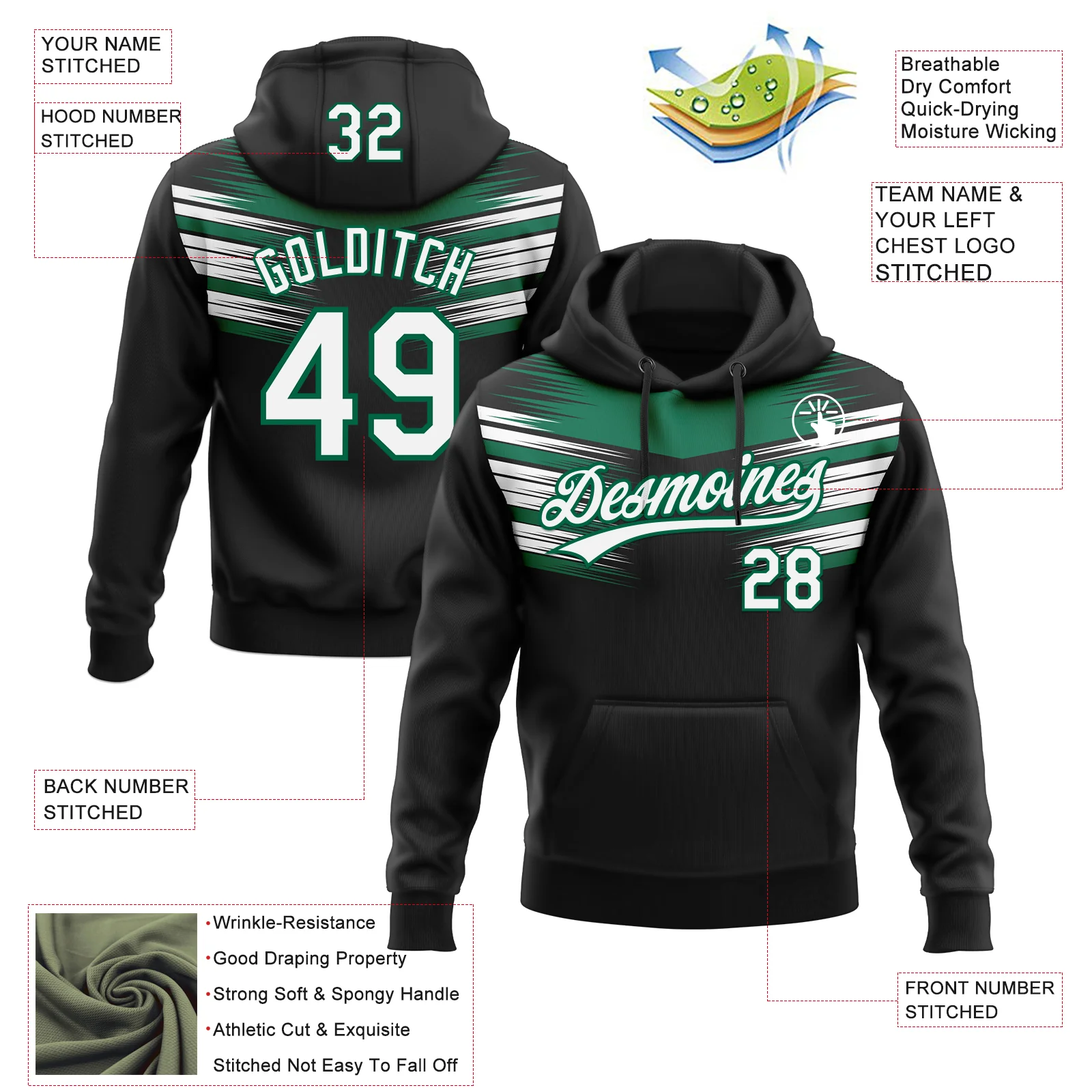 Custom Stitched Black White-Kelly Green E-sports Pattern Pullover Sweatshirt Hoodie - Image 4