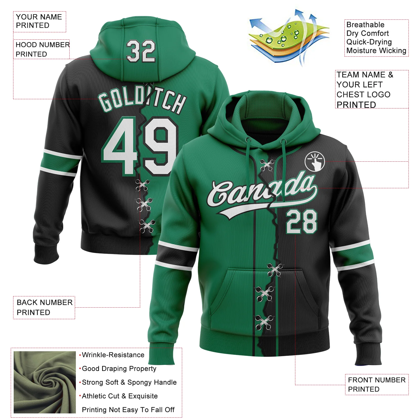 Custom Black White-Kelly Green Split Ripped Pattern Baseball Pullover Sweatshirt Hoodie - Image 4