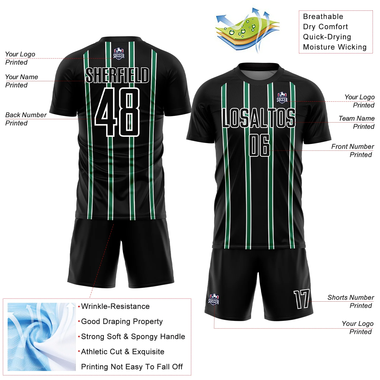 Custom Black Kelly Green-White Stripe Line Sublimation Soccer Uniform Jersey - Image 4