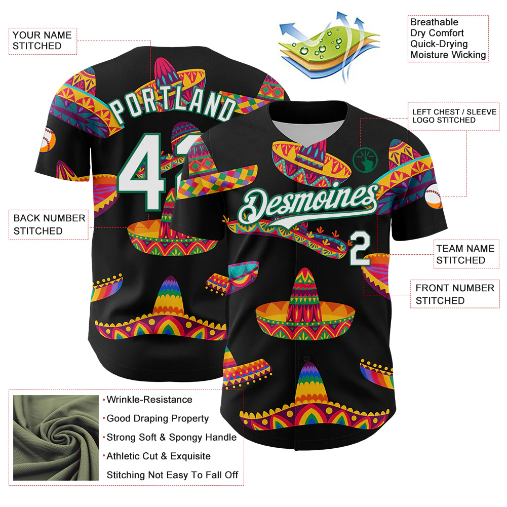 Custom Black White-Kelly Green 3D Mexican Festival Sombrero Cinco de Mayo Authentic Baseball Jersey - Image 3