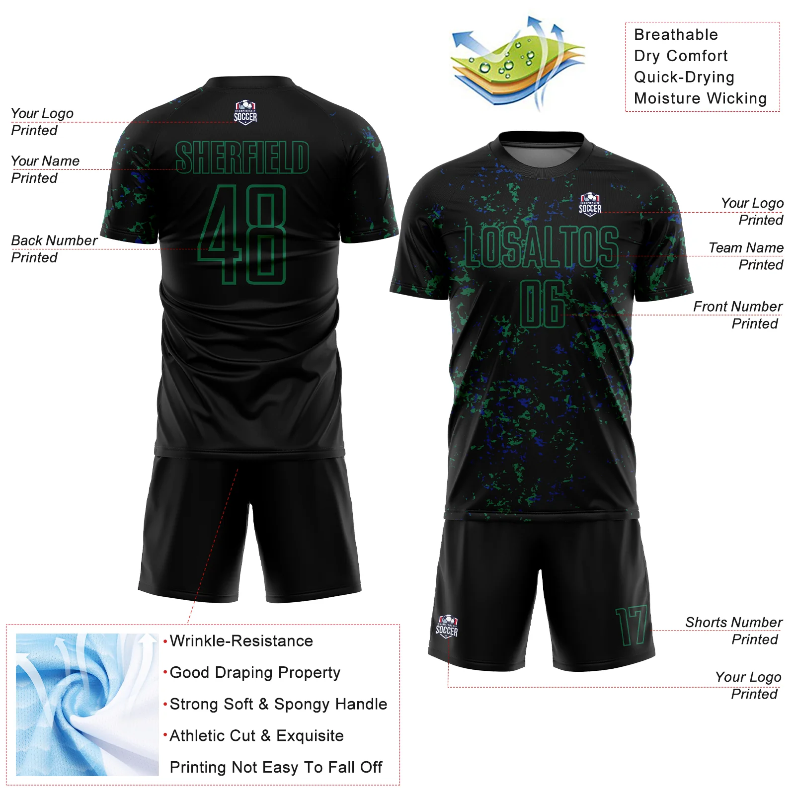 Custom Black Kelly Green-Royal Abstract Fragment Art Sublimation Soccer Uniform Jersey - Image 4