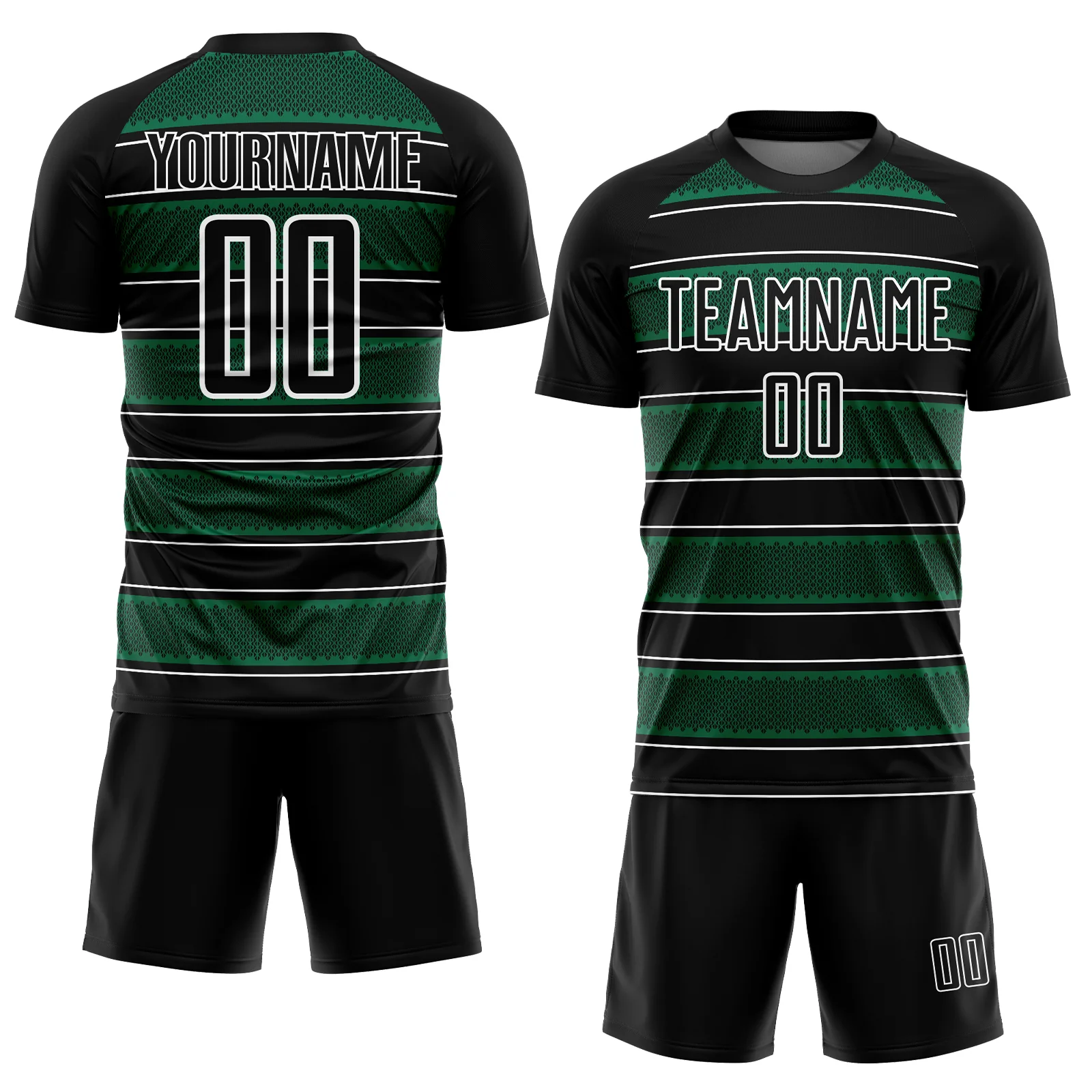 Custom Black Kelly Green-White Geometric Shapes And Line Sublimation Soccer Uniform Jersey - Image 2