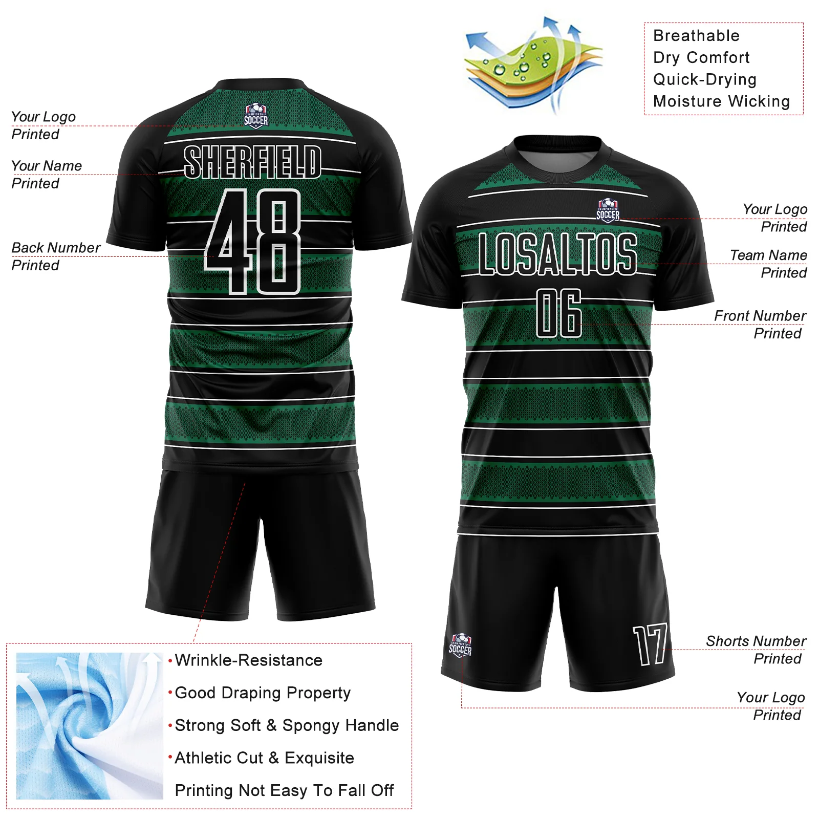 Custom Black Kelly Green-White Geometric Shapes And Line Sublimation Soccer Uniform Jersey - Image 4