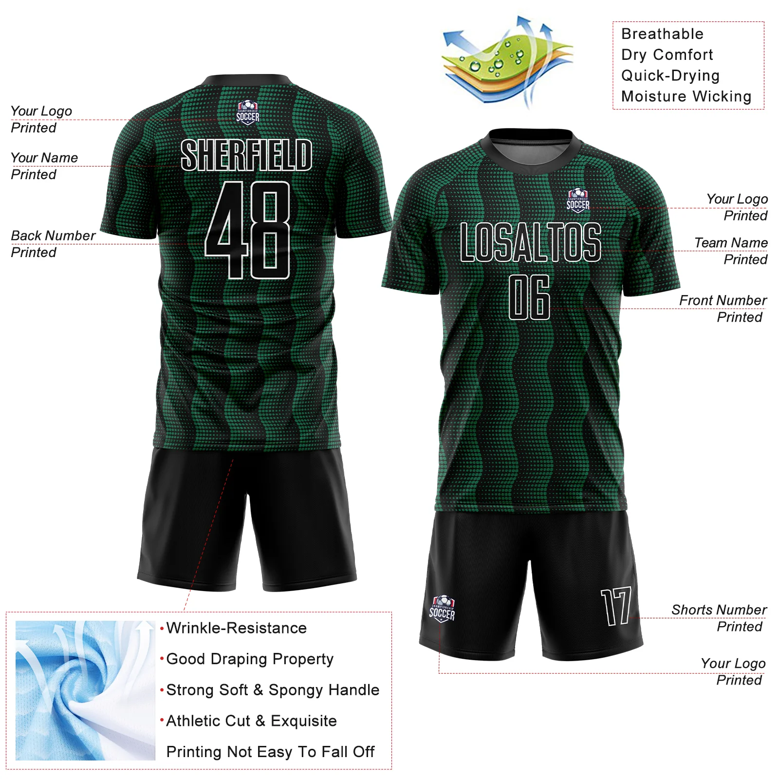 Custom Black Kelly Green-White Geometric Shape Sublimation Soccer Uniform Jersey - Image 4