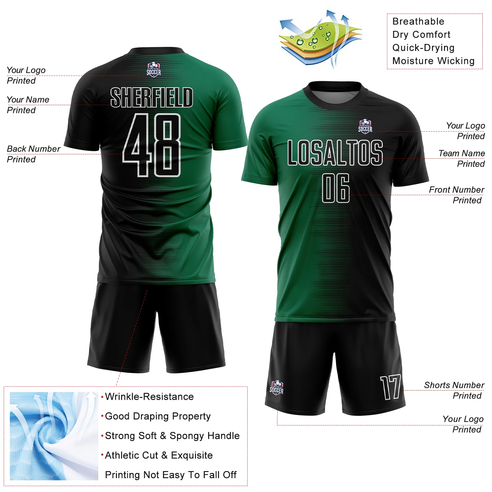 Custom Black Kelly Green-White Gradient Line Sublimation Soccer Uniform Jersey - Image 4