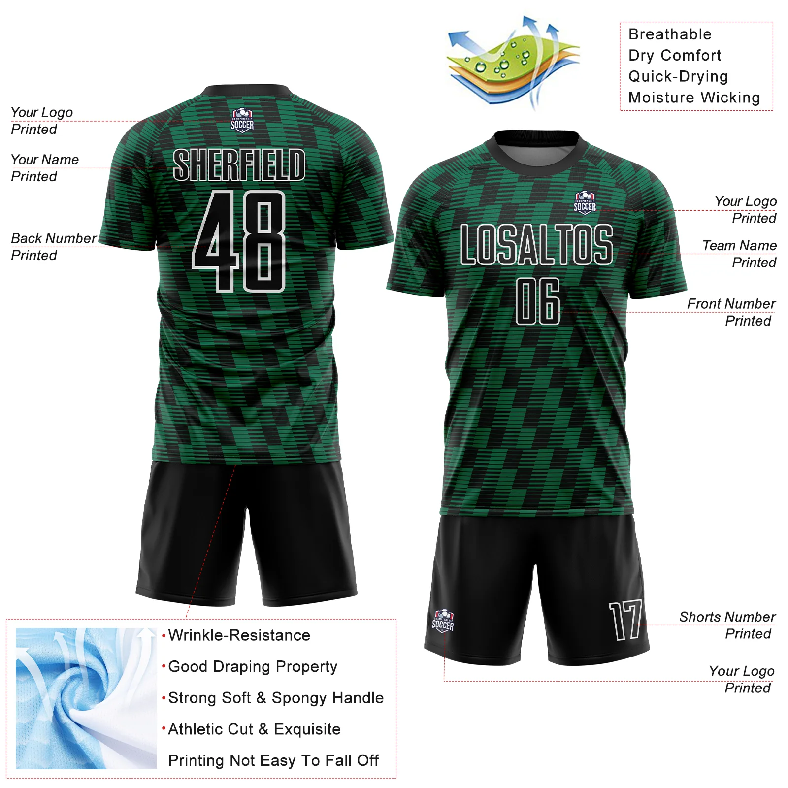 Custom Black Kelly Green-White Line Sublimation Soccer Uniform Jersey - Image 4