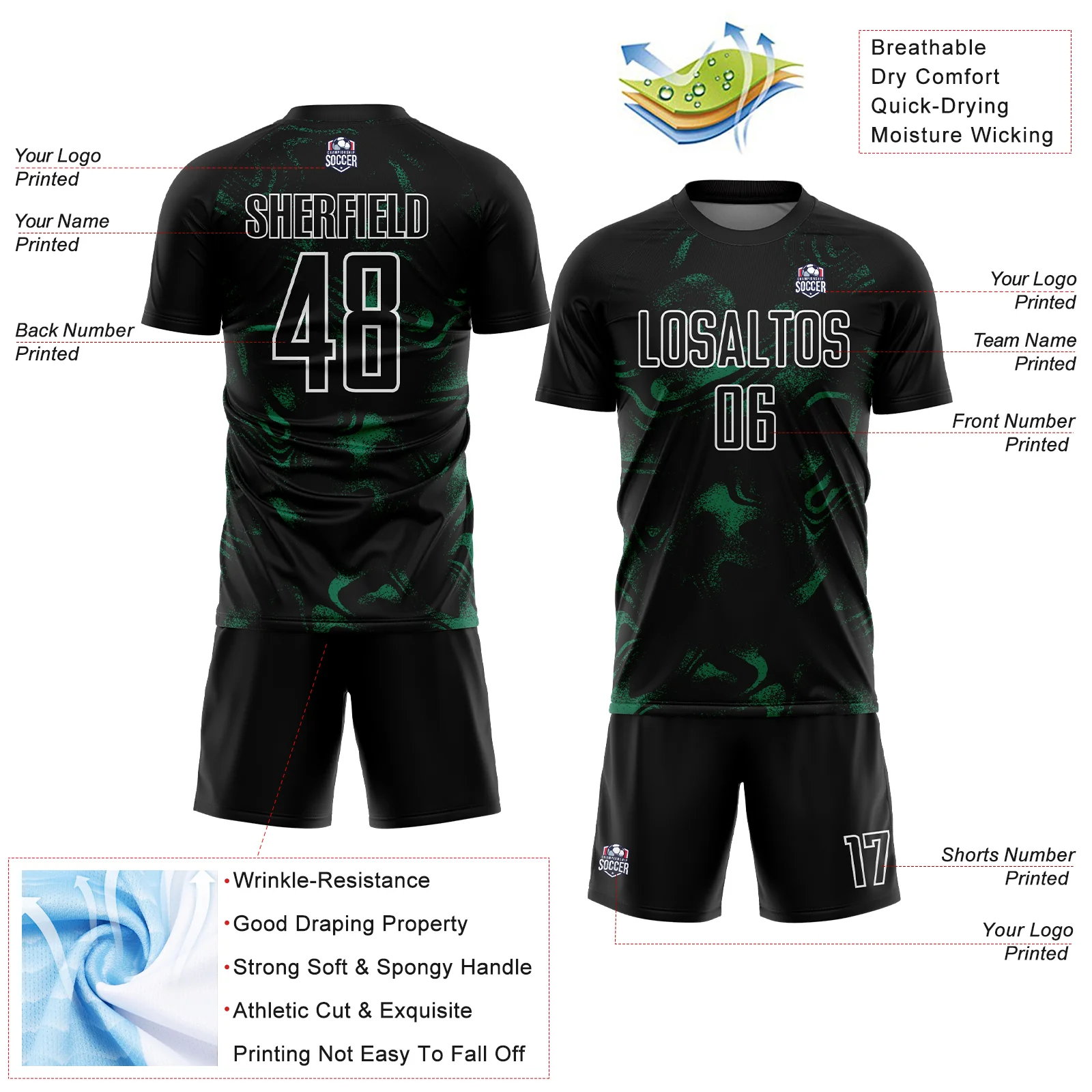 Custom Black Kelly Green-White Abstract Liquid Sublimation Soccer Uniform Jersey - Image 4
