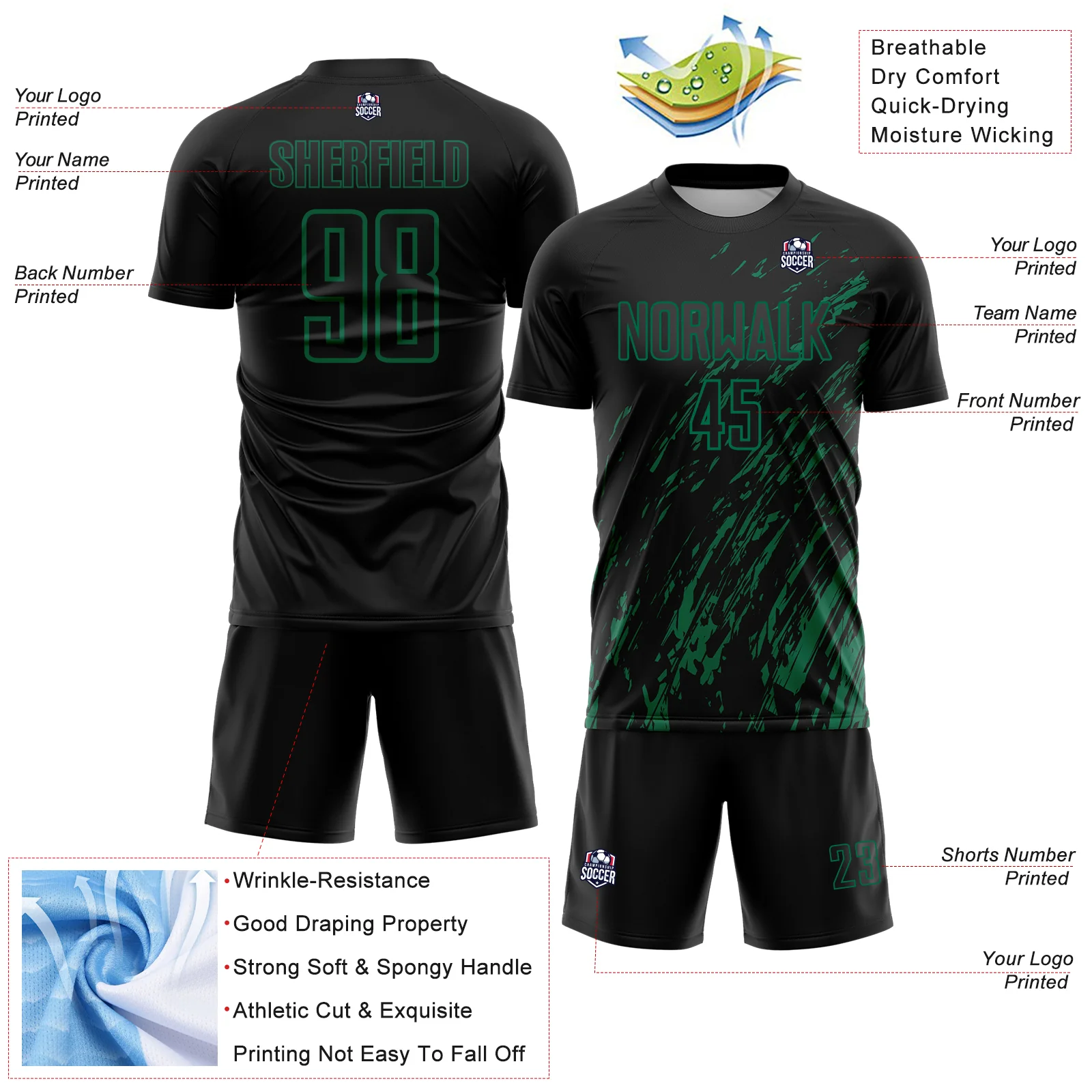 Custom Black Kelly Green Splash Sublimation Soccer Uniform Jersey - Image 4
