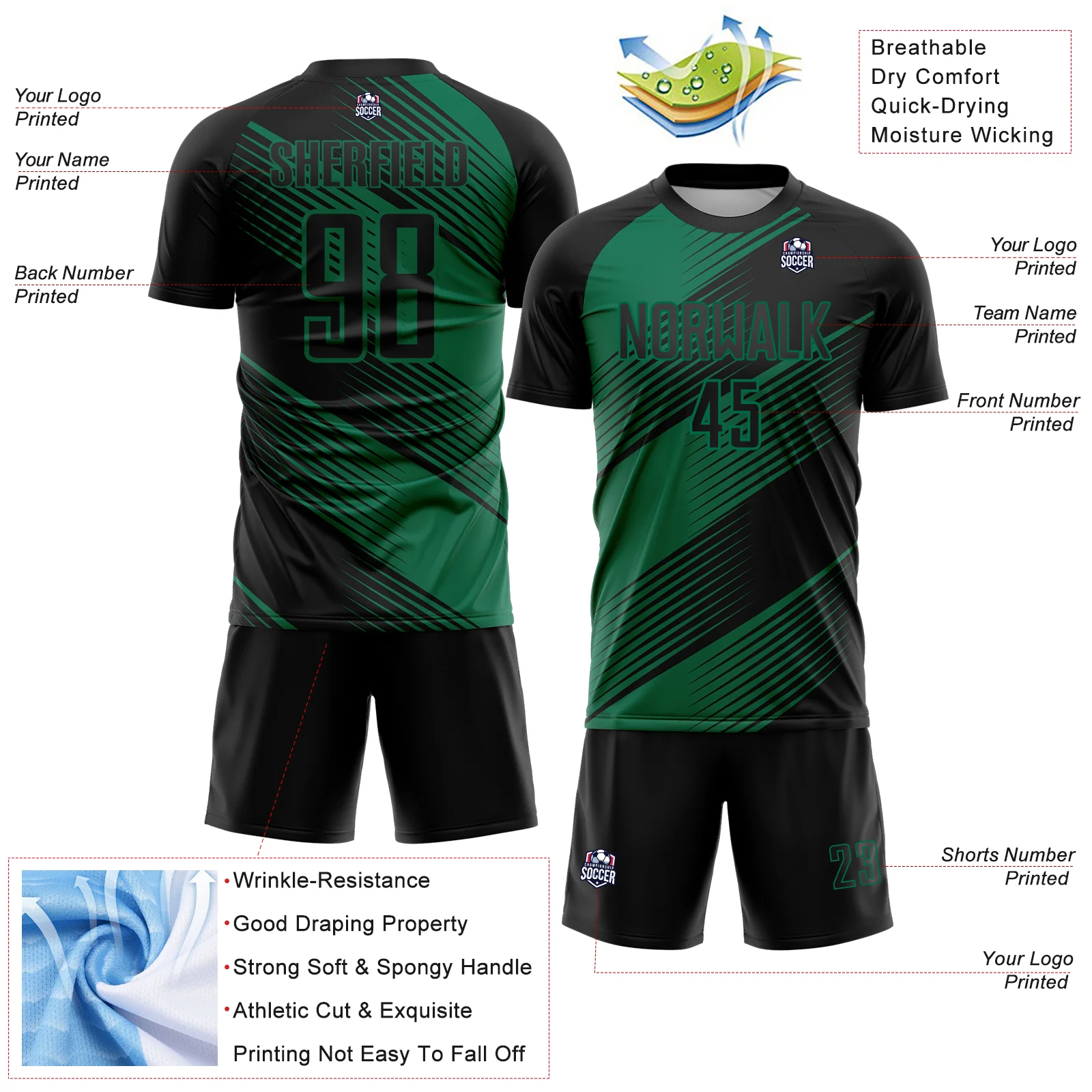 Custom Black Kelly Green Line Sublimation Soccer Uniform Jersey - Image 4