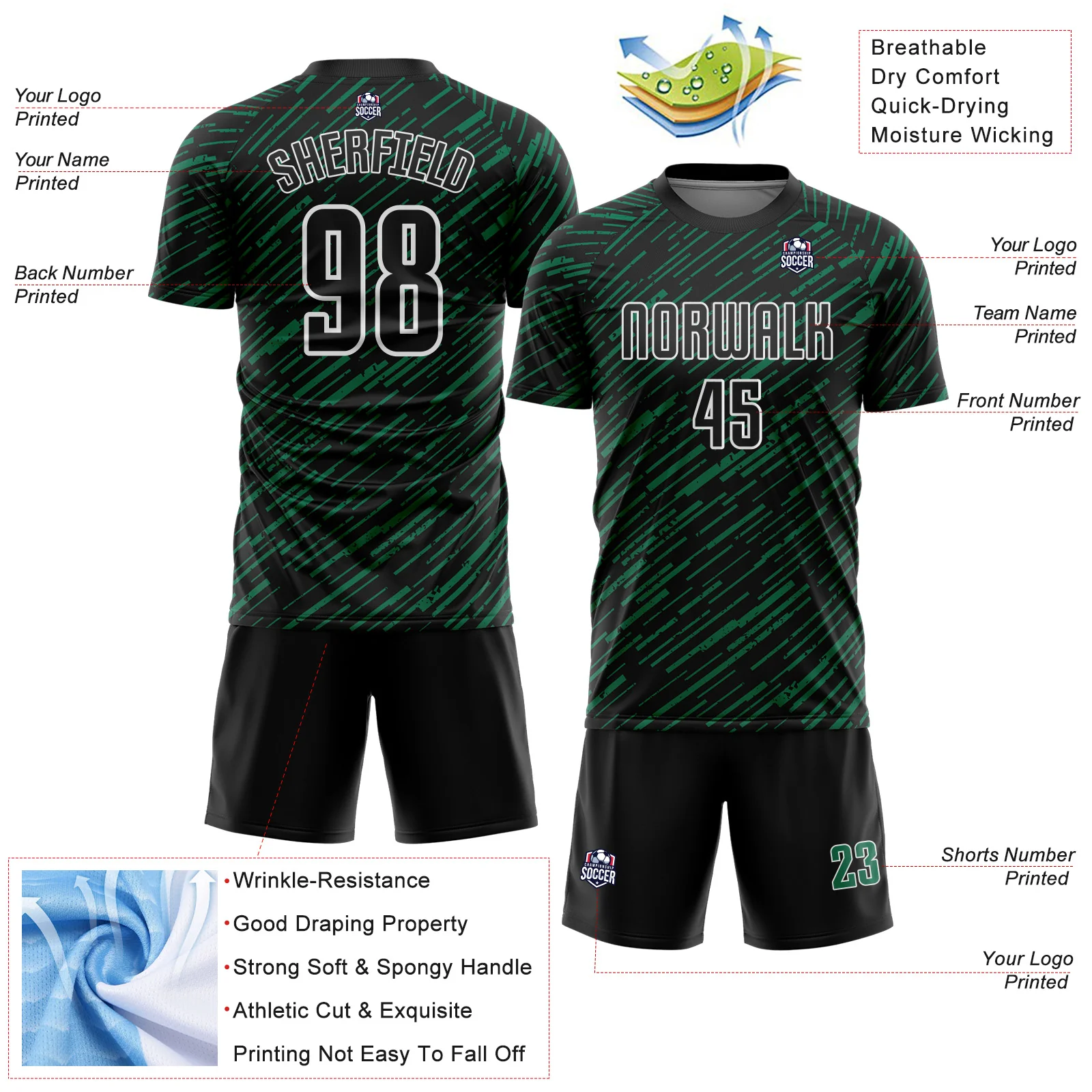 Custom Black Kelly Green-White Line Sports Sublimation Soccer Uniform Jersey - Image 4