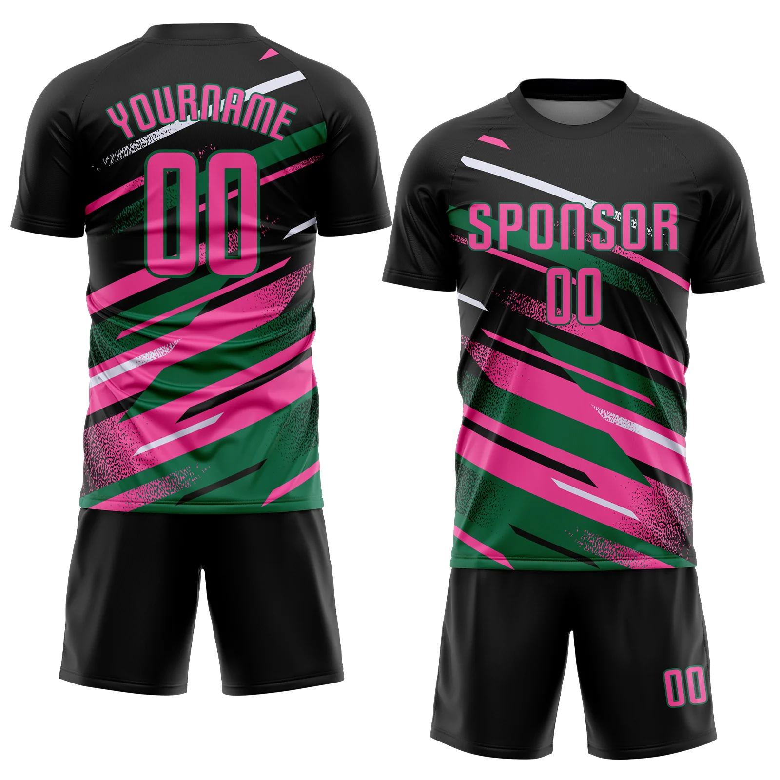 Custom Black Pink Kelly Green-White Grunge Stripe And Grainy Sports Sublimation Soccer Uniform Jersey - Image 2
