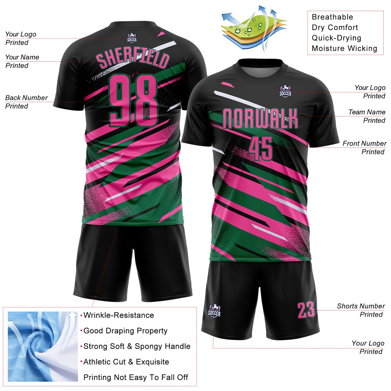 Custom Black Pink Kelly Green-White Grunge Stripe And Grainy Sports Sublimation Soccer Uniform Jersey - Image 4