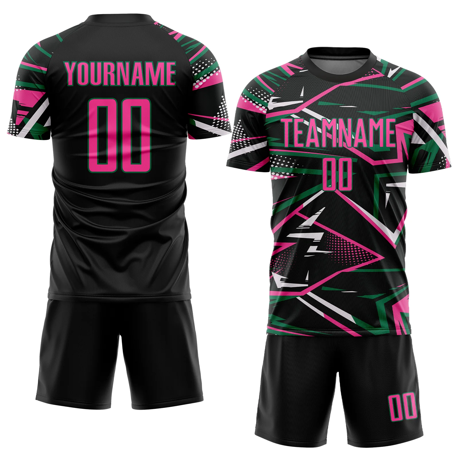Custom Black Pink Kelly Green-White Abstract Geometric Stripes Sports Sublimation Soccer Uniform Jersey - Image 2