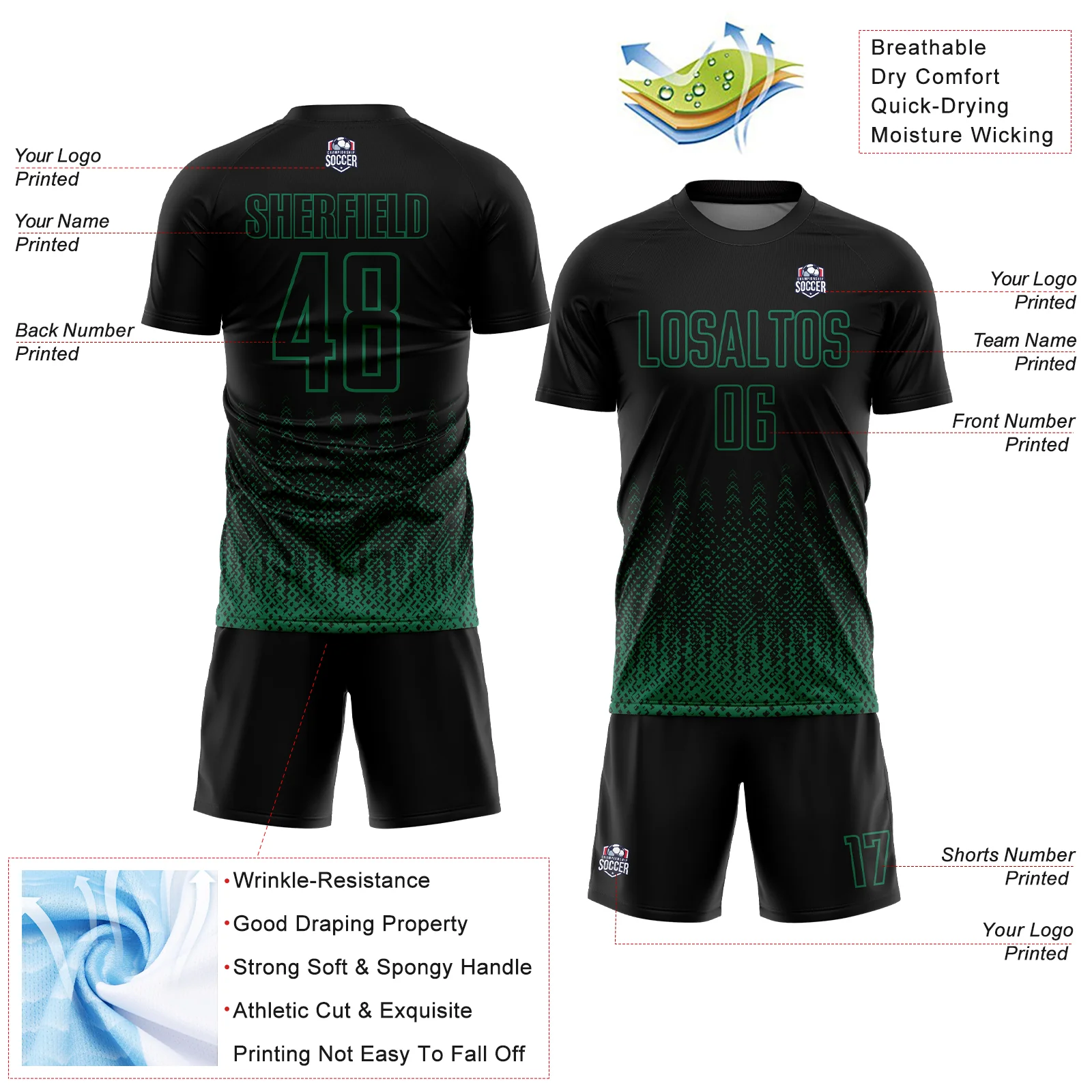 Custom Black Kelly Green Geometric Shape Sublimation Soccer Uniform Jersey - Image 4