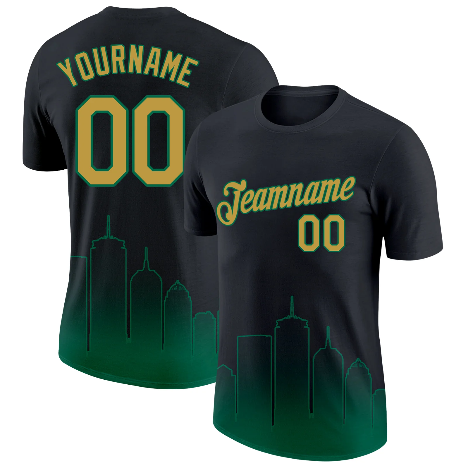 Custom Black Old Gold-Kelly Green 3D Boston City Edition Fade Fashion Performance T-Shirt