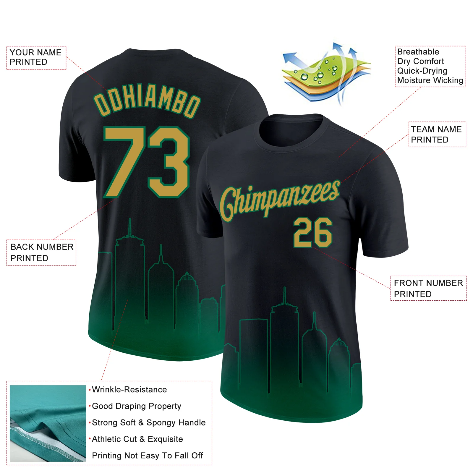 Custom Black Old Gold-Kelly Green 3D Boston City Edition Fade Fashion Performance T-Shirt - Image 2