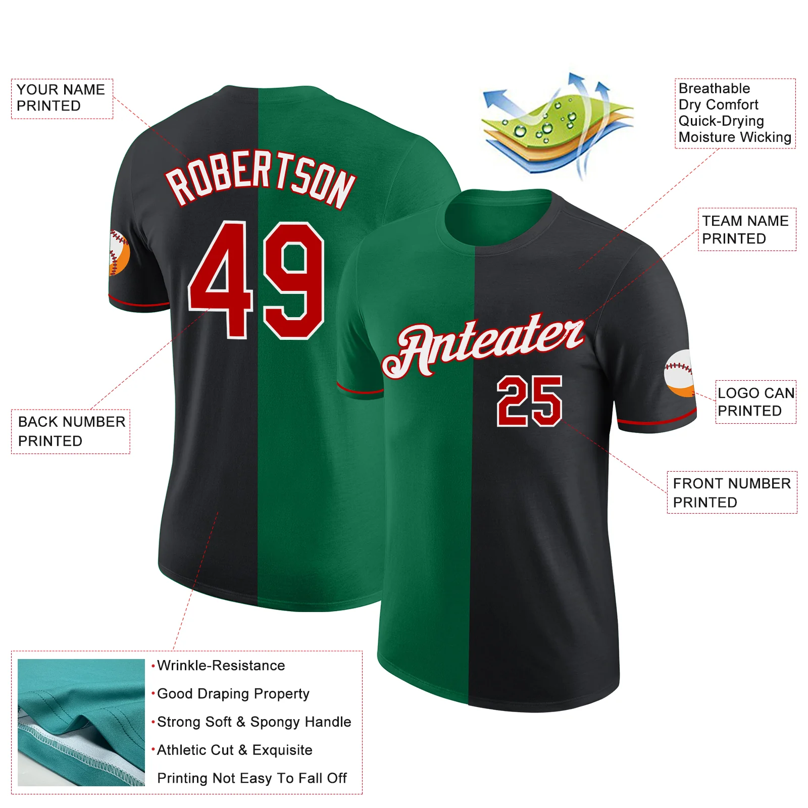 Custom Black Red-Kelly Green Split Fashion Performance T-Shirt - Image 2