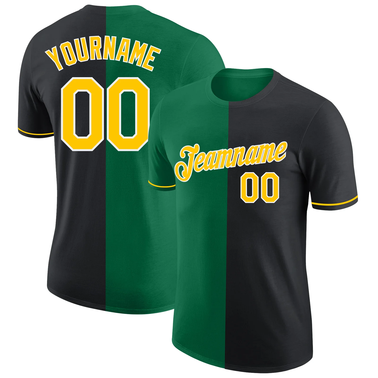 Custom Black Yellow-Kelly Green Split Fashion Performance T-Shirt