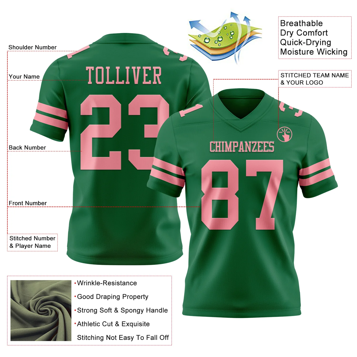 Custom Kelly Green Medium Pink Authentic Football Jersey - Image 3
