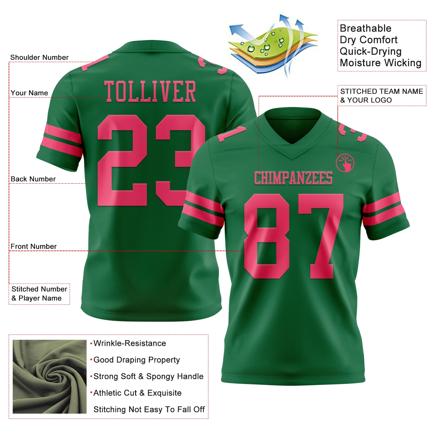 Custom Kelly Green Neon Pink Authentic Football Jersey - Image 3
