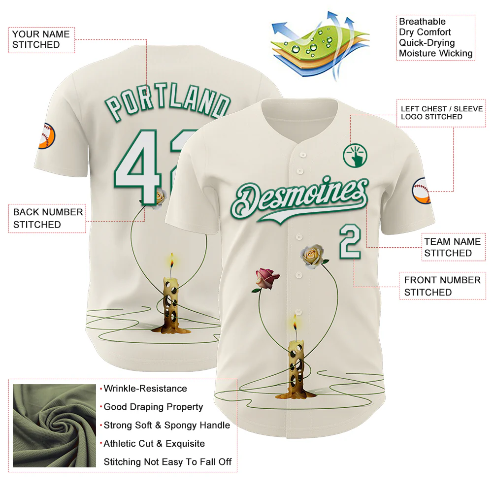 Custom Cream White-Kelly Green 3D Marcel Caram The Dance Of The Roses Authentic Baseball Jersey - Image 3