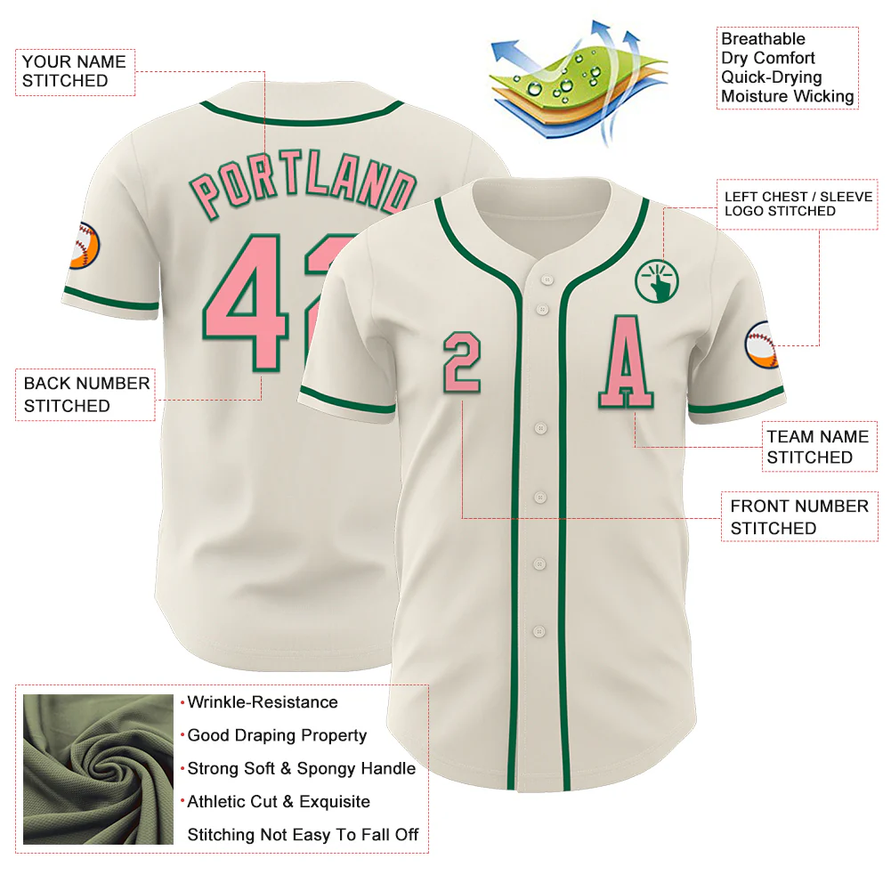 Custom Cream Medium Pink-Kelly Green Authentic Baseball Jersey - Image 2