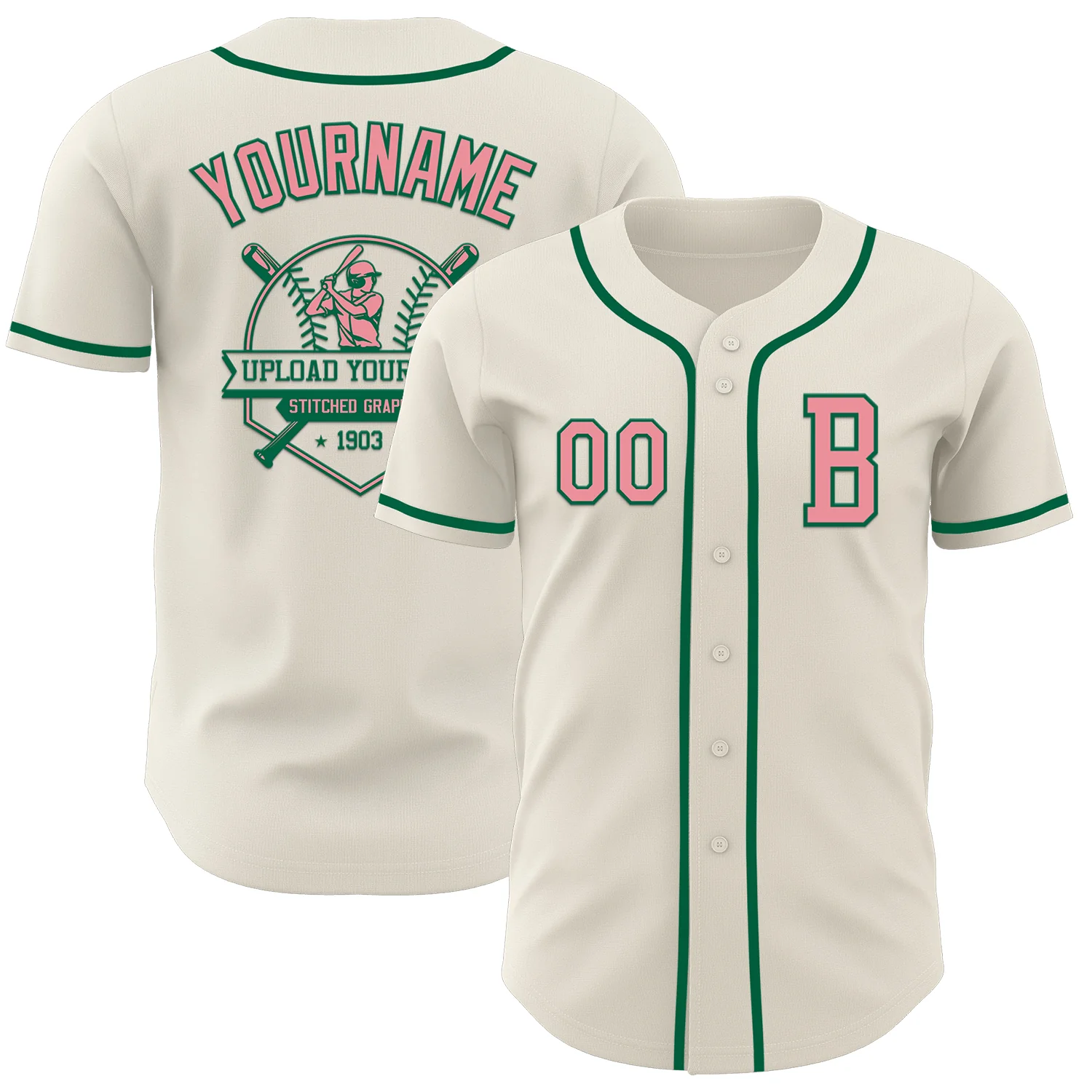 Custom Cream Medium Pink-Kelly Green Authentic Baseball Jersey - Image 5