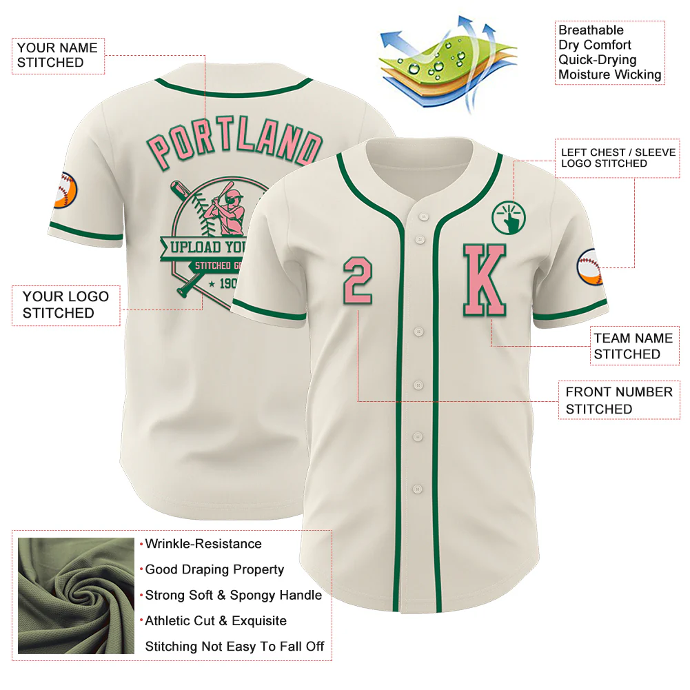 Custom Cream Medium Pink-Kelly Green Authentic Baseball Jersey - Image 6