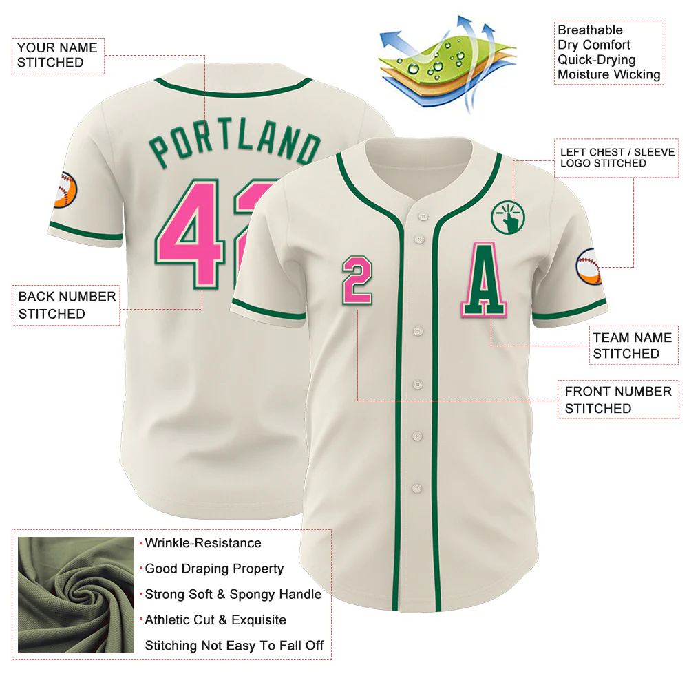 Custom Cream Pink-Kelly Green Authentic Baseball Jersey - Image 2