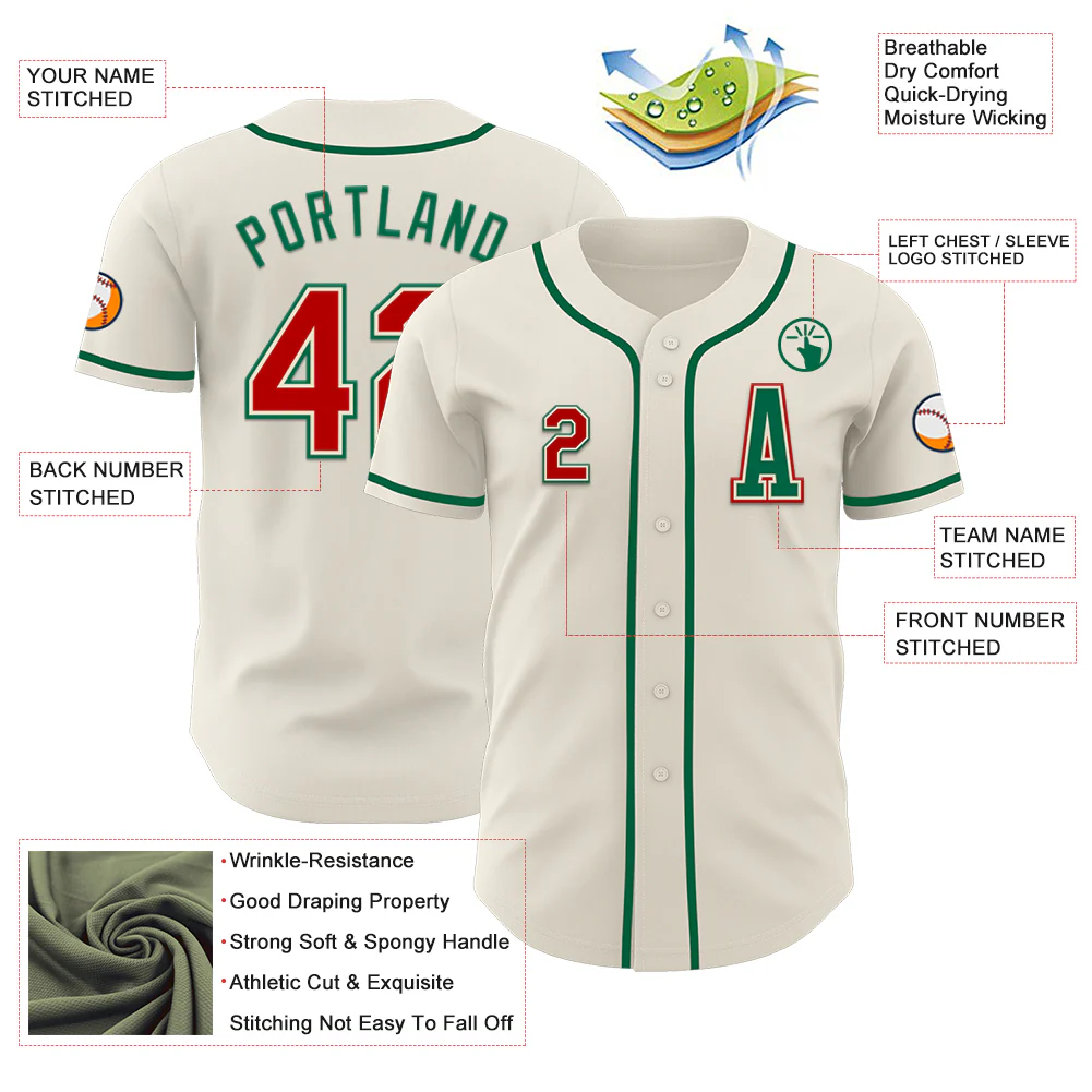 Custom Cream Red-Kelly Green Authentic Baseball Jersey - Image 2