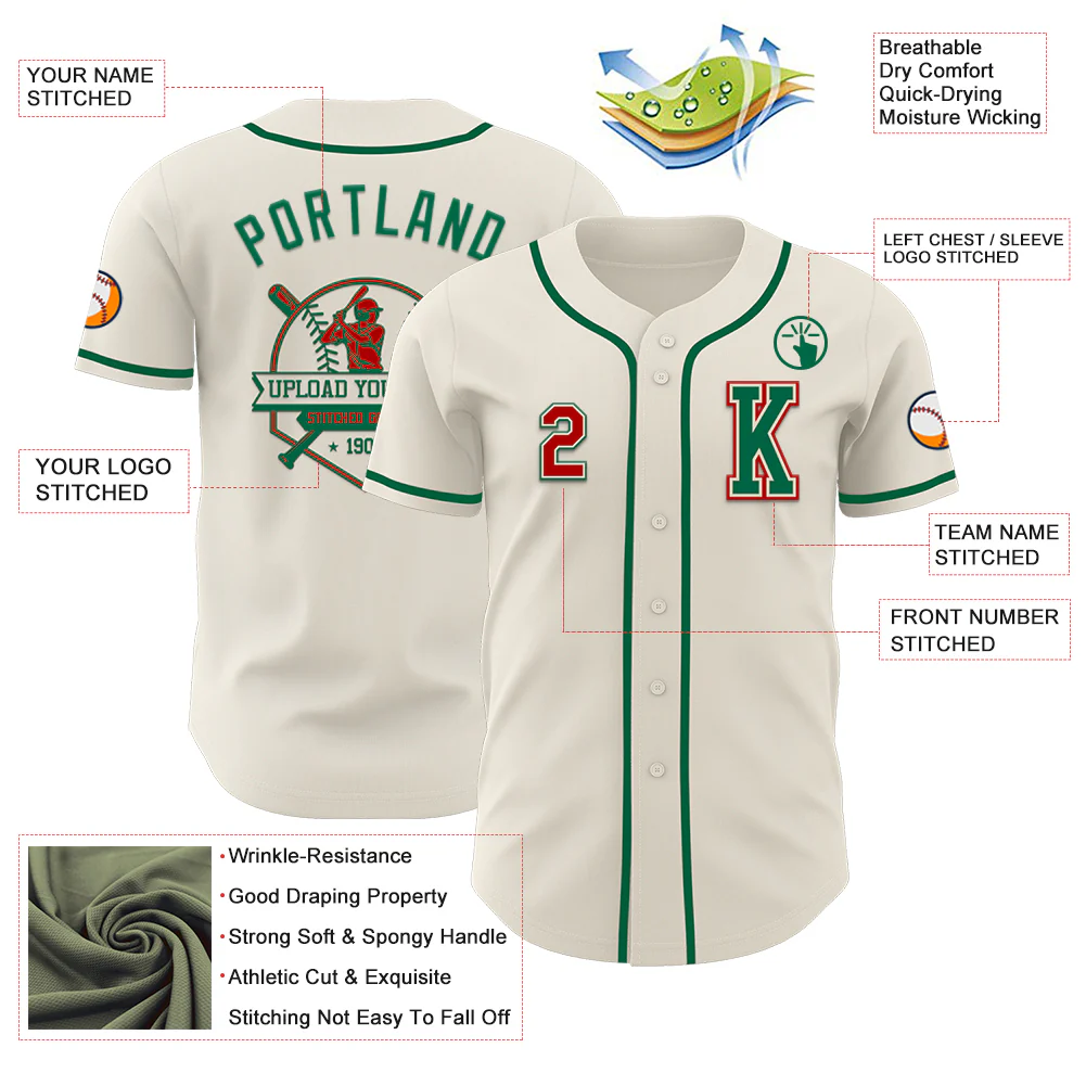 Custom Cream Red-Kelly Green Authentic Baseball Jersey - Image 6