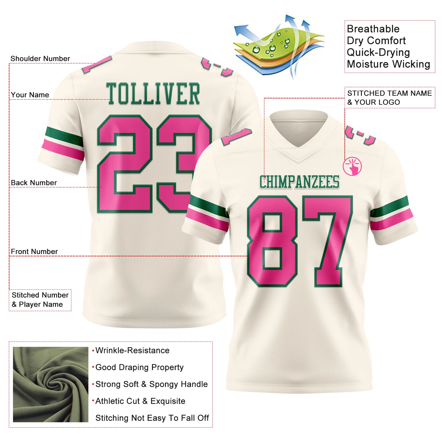 Custom Cream Pink-Kelly Green Authentic Football Jersey - Image 3