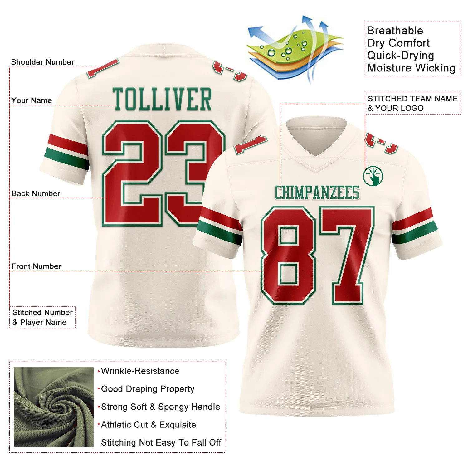 Custom Cream Red-Kelly Green Authentic Football Jersey - Image 3