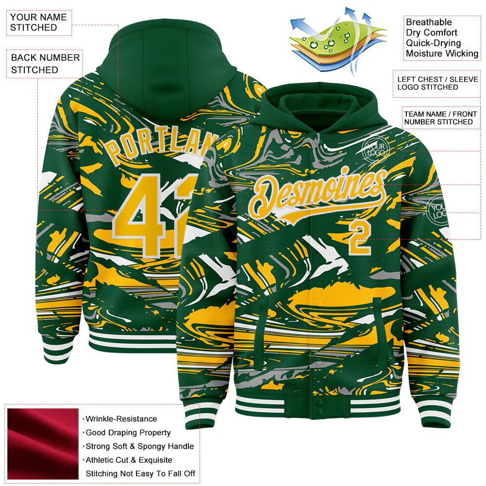 Custom Figure Gold Kelly Green-White Fluid Pattern Bomber Full-Snap Varsity Letterman Hoodie Jacket - Image 4