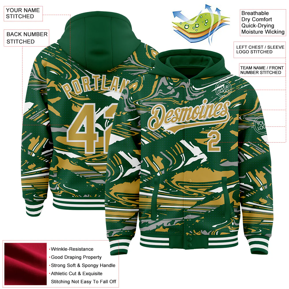 Custom Figure Old Gold Kelly Green-White Fluid Pattern Bomber Full-Snap Varsity Letterman Hoodie Jacket - Image 4