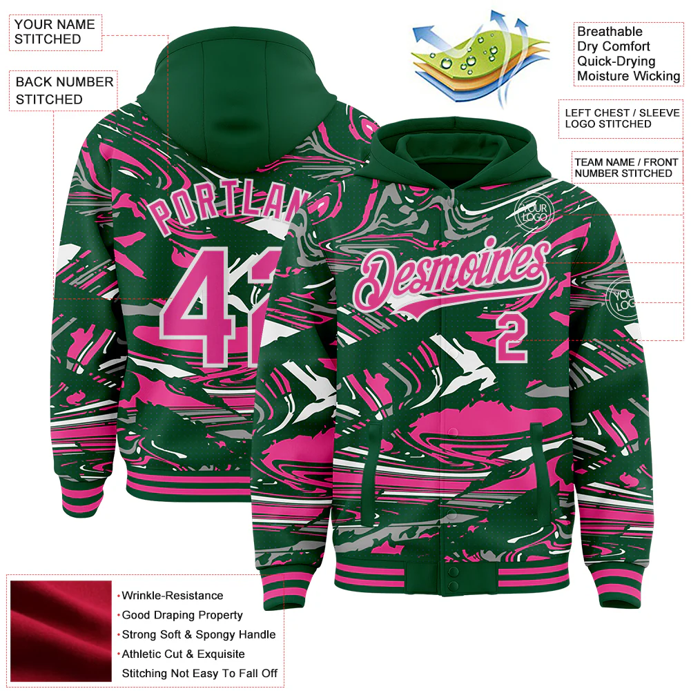 Custom Figure Pink Kelly Green-White Fluid Pattern Bomber Full-Snap Varsity Letterman Hoodie Jacket - Image 4