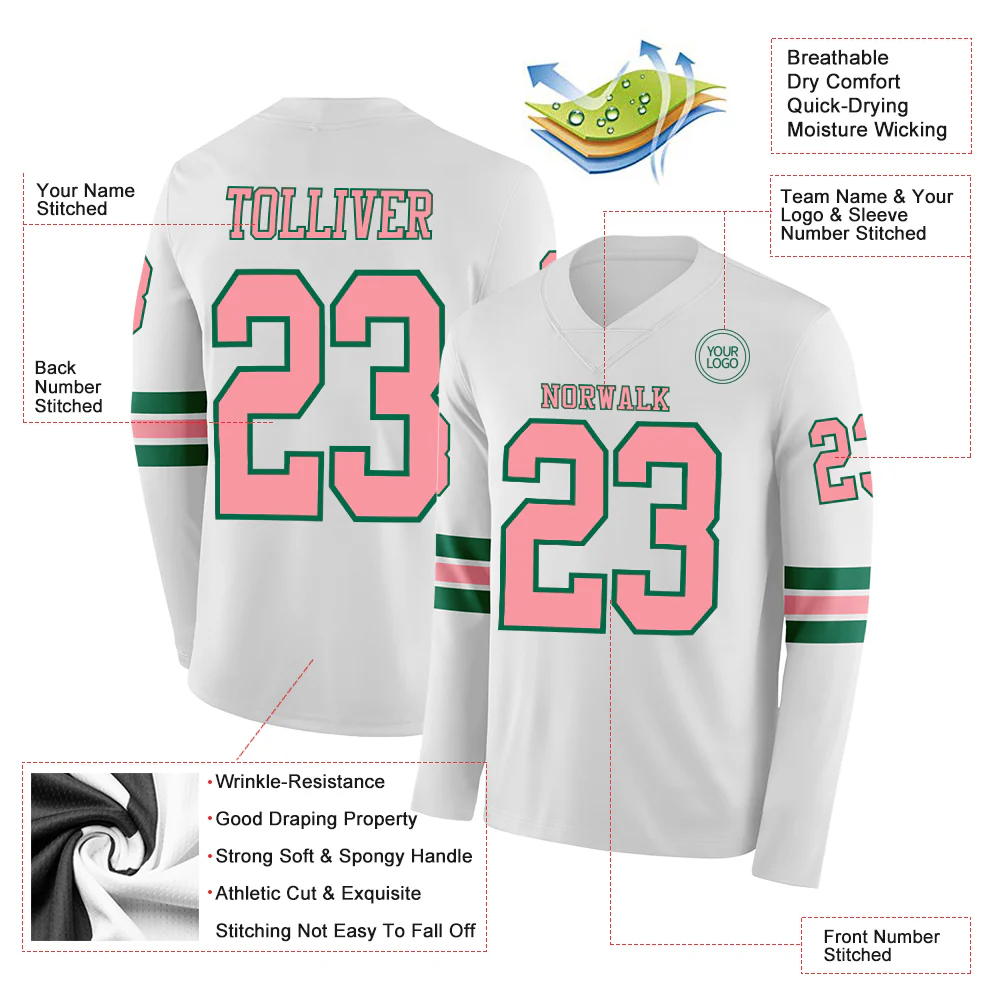 Custom White Medium Pink-Kelly Green Long Sleeve Authentic Football Jersey - Image 2