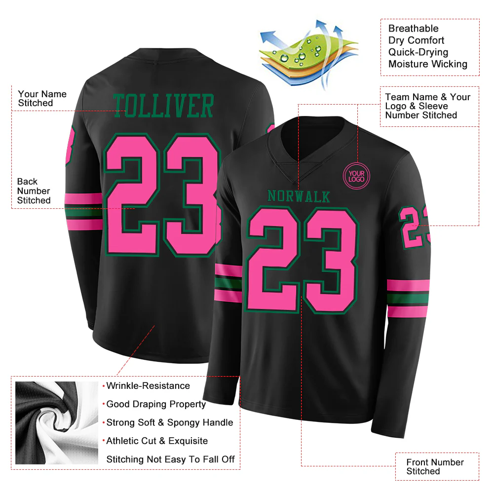 Custom Black Pink-Kelly Green Long Sleeve Authentic Football Jersey - Image 2