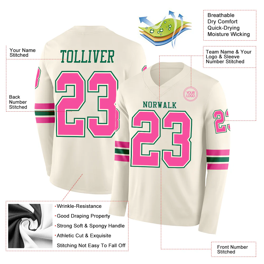 Custom Cream Pink-Kelly Green Long Sleeve Authentic Football Jersey - Image 2