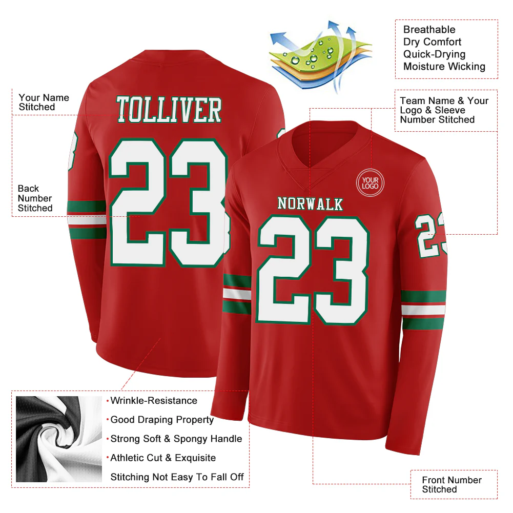 Custom Red White-Kelly Green Long Sleeve Authentic Football Jersey - Image 2