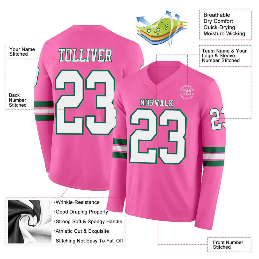 Custom Pink White=Kelly Green Long Sleeve Authentic Football Jersey - Image 2