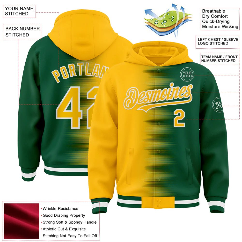 Custom Gold Kelly Green-White Gradient Line Bomber Full-Snap Varsity Letterman Hoodie Jacket - Image 4