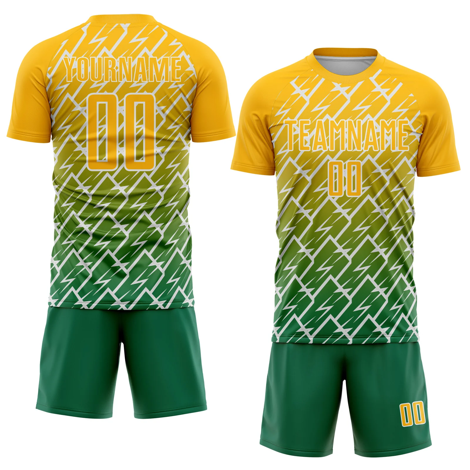 Custom Gold Kelly Green-White Lightning Sports Sublimation Soccer Uniform Jersey - Image 2