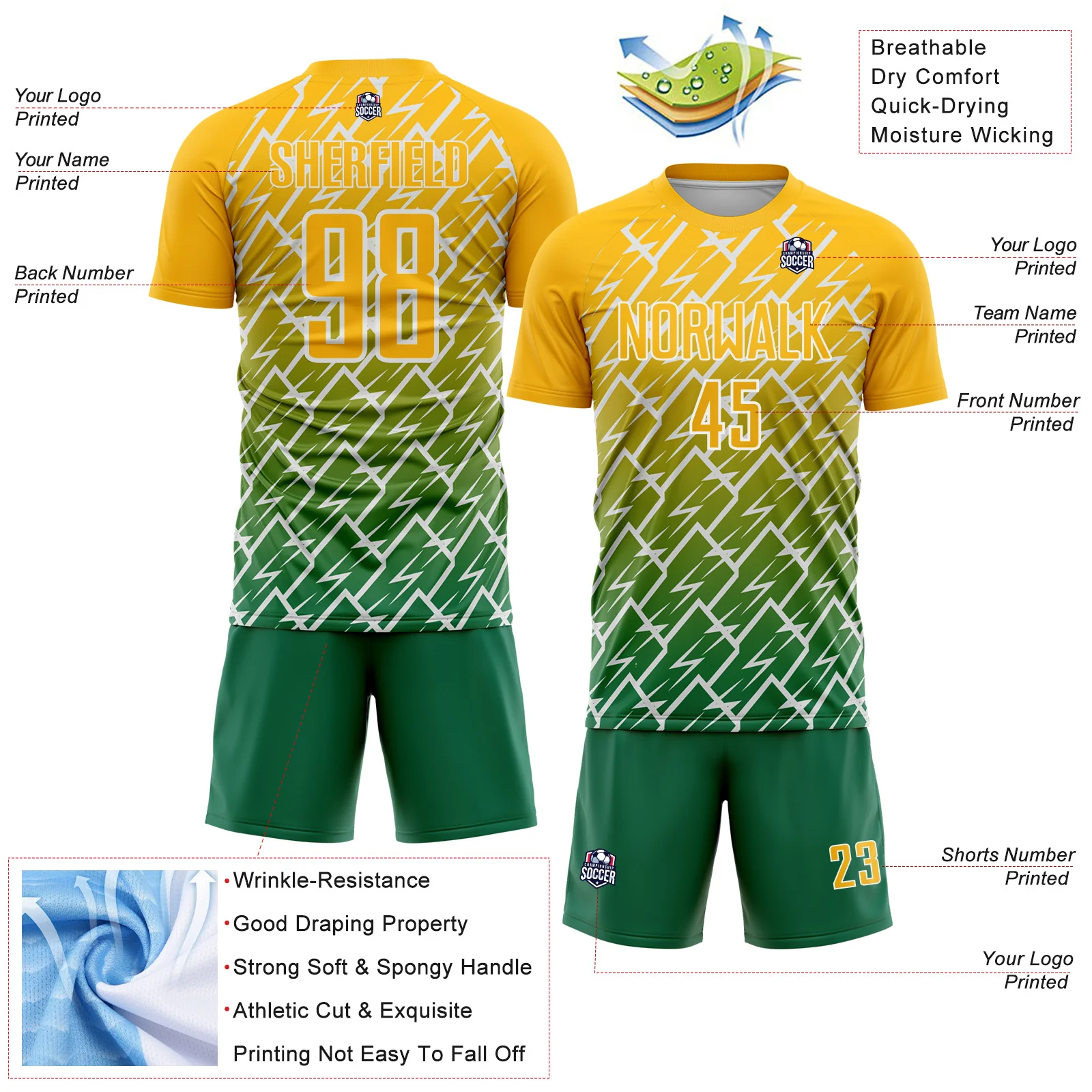 Custom Gold Kelly Green-White Lightning Sports Sublimation Soccer Uniform Jersey - Image 4