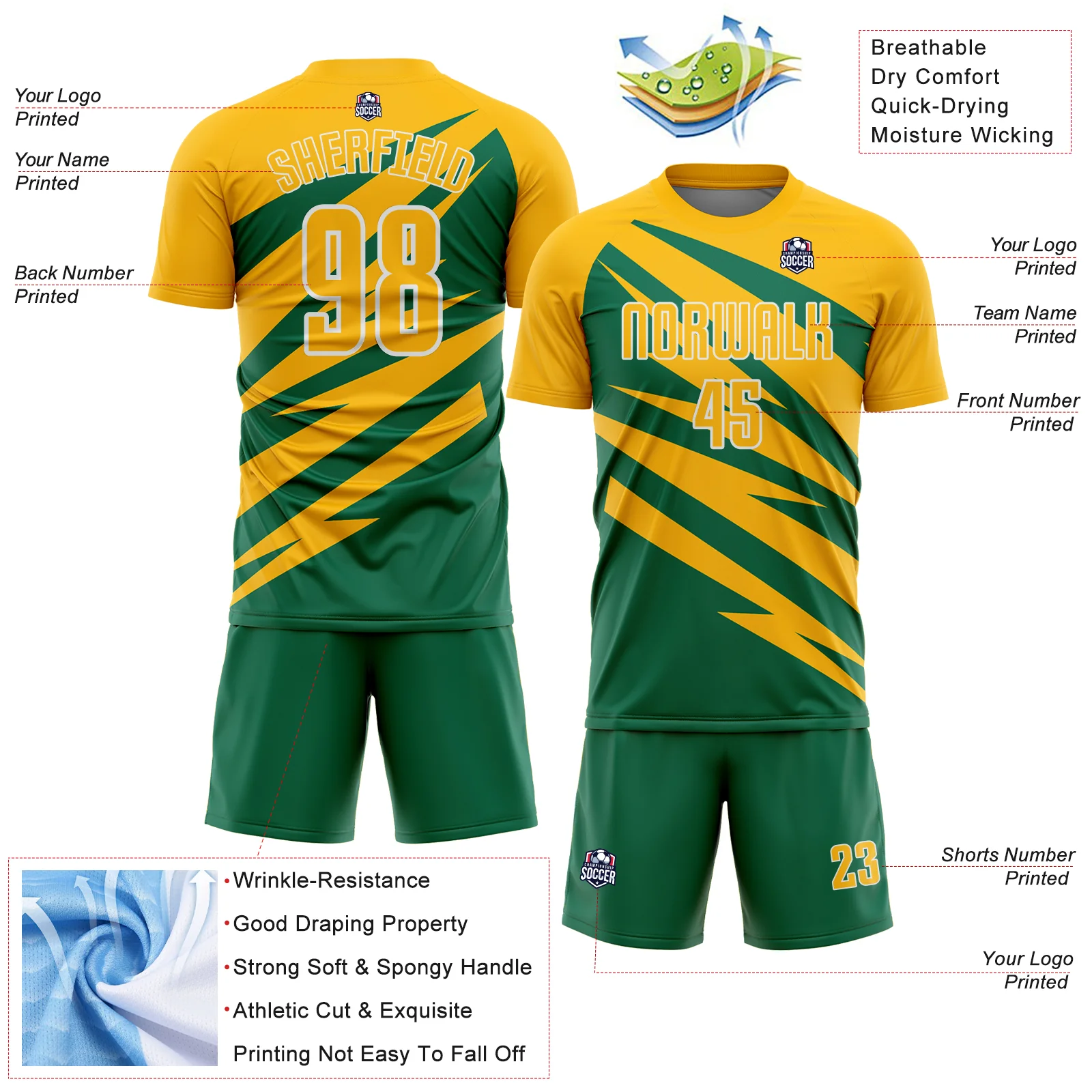Custom Gold Kelly Green-White Abstract Line Sports Sublimation Soccer Uniform Jersey - Image 4