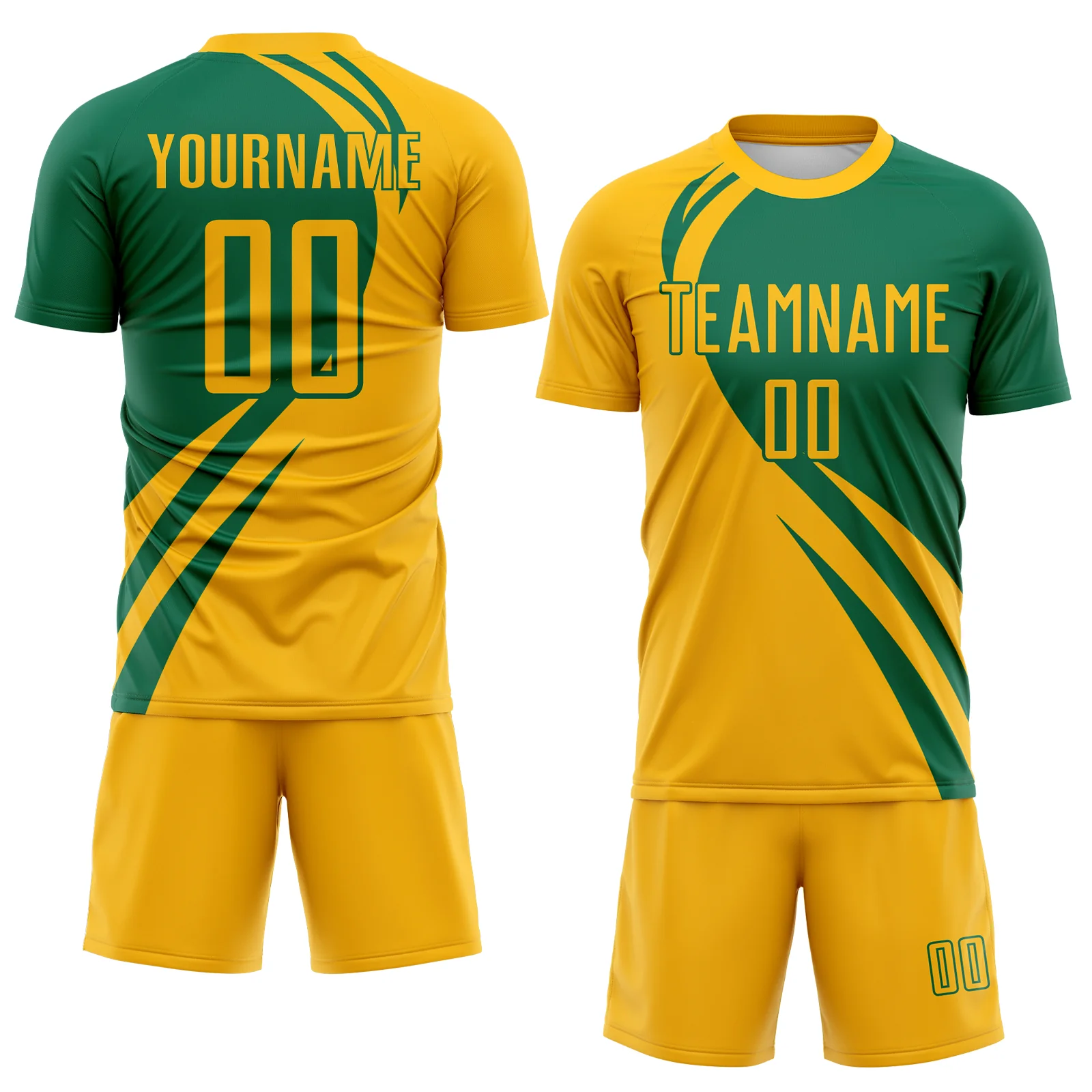 Custom Gold Kelly Green Diagonal Streamline Color Block Swirl Curve Lines Sublimation Soccer Uniform Jersey - Image 2