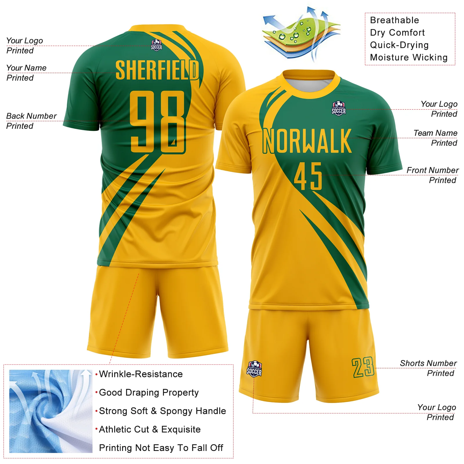Custom Gold Kelly Green Diagonal Streamline Color Block Swirl Curve Lines Sublimation Soccer Uniform Jersey - Image 3