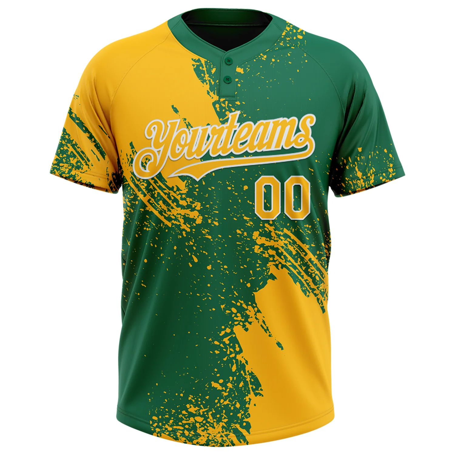 Custom Gold Kelly Green-White 3D Pattern Abstract Brush Stroke Two-Button Unisex Softball Jersey - Image 2