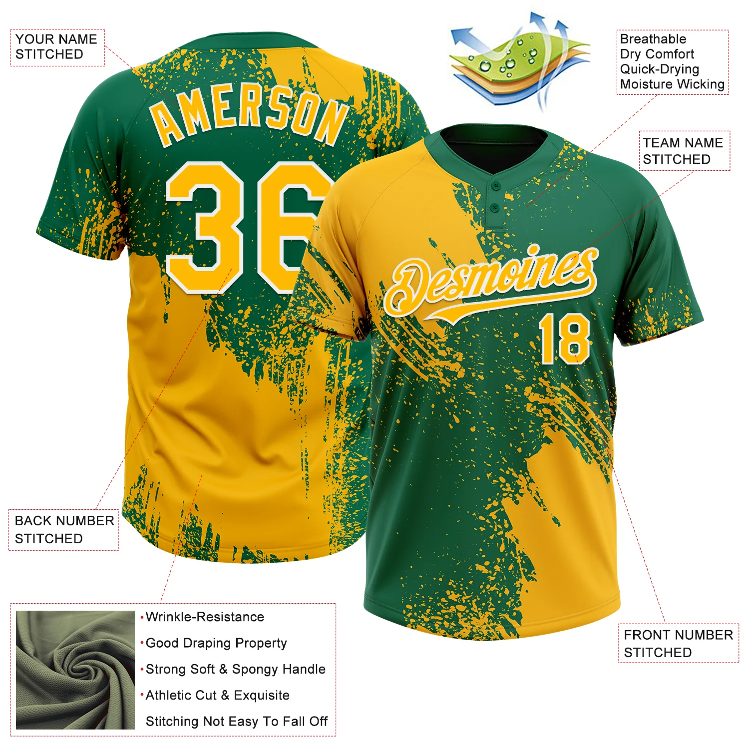 Custom Gold Kelly Green-White 3D Pattern Abstract Brush Stroke Two-Button Unisex Softball Jersey - Image 3